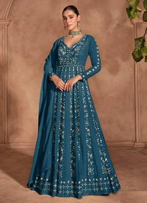 Teal chinon silk Embroidered Gown-Full Stitched Free size 3