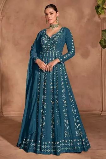Teal chinon silk Embroidered Gown-Full Stitched Free size