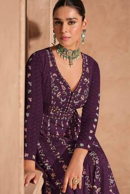 Wine chinon silk Embroidered Gown-Full Stitched Free size 1
