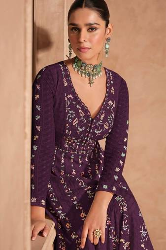 Wine chinon silk heavy embrodiered semi stitched wedding gowns