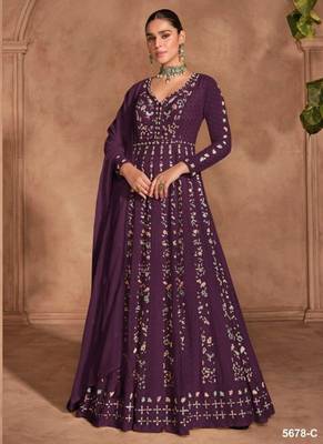 Wine chinon silk Embroidered Gown-Full Stitched Free size 2