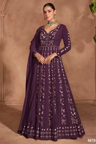 Wine chinon silk Embroidered Gown-Full Stitched Free size