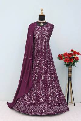 Wine chinon silk Embroidered Gown-Full Stitched Free size 3