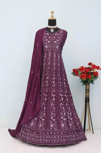 Wine chinon silk Embroidered Gown-Full Stitched Free size