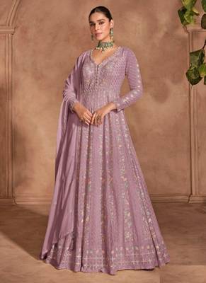 Lavender chinon silk Embroidered Gown-Full Stitched Free size 1
