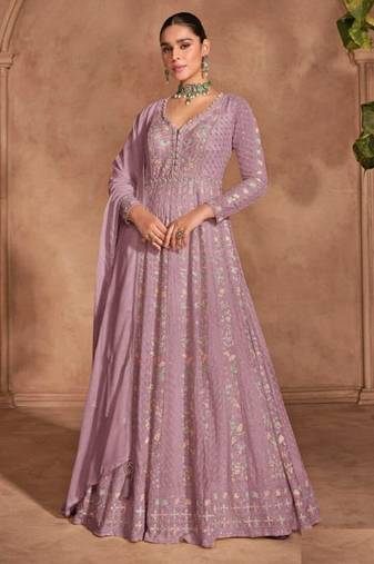 Lavender chinon silk heavy embrodiered semi stitched wedding gowns