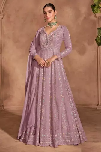 Lavender chinon silk heavy embrodiered semi stitched wedding gowns