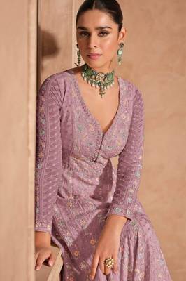 Lavender chinon silk Embroidered Gown-Full Stitched Free size 2