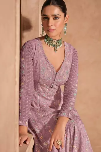 Lavender chinon silk Embroidered Gown-Full Stitched Free size