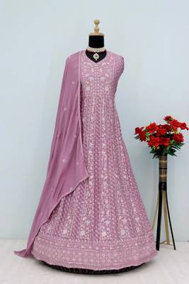 Lavender chinon silk Embroidered Gown-Full Stitched Free size 3