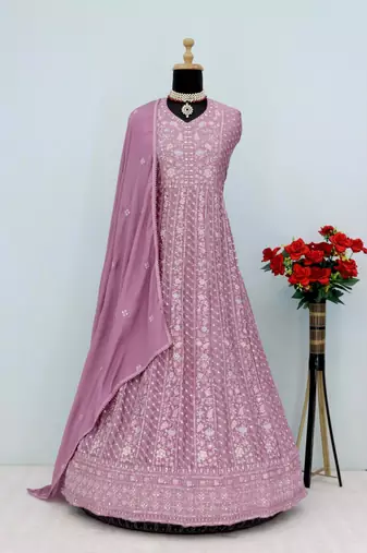 Lavender chinon silk Embroidered Gown-Full Stitched Free size
