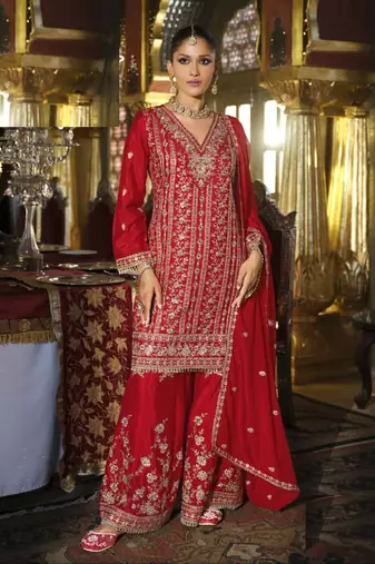Red heavy chinon silk full stitched free size upto 44 palazzo suits