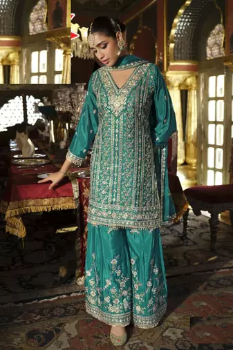 Blue heavy chinon silk full stitched free size upto 44 palazzo suits