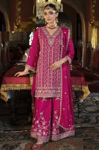 Pink heavy chinon silk full stitched free size upto 44 palazzo suits