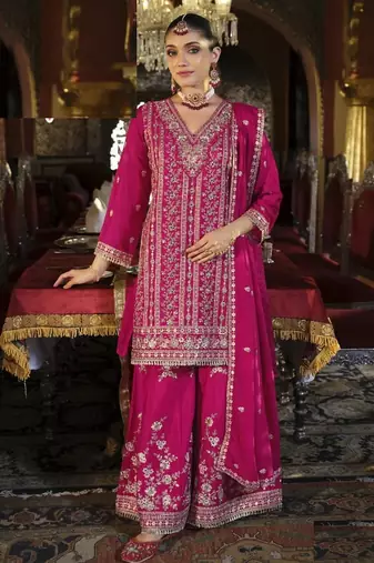 Pink heavy chinon silk full stitched free size upto 44 palazzo suits