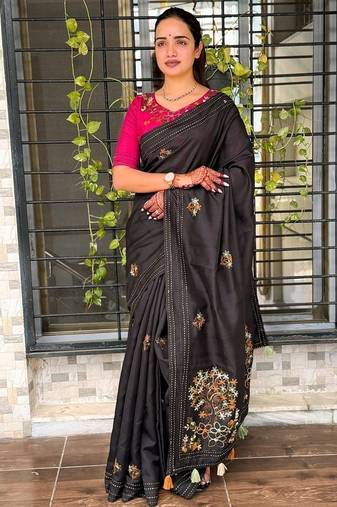 Black kashmiri style thread embroidered work saree with unstitched blouse