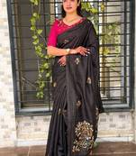 Black kashmiri style thread embroidered work saree with unstitched blouse