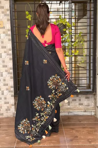 Black kashmiri style thread embroidered work saree with unstitched blouse