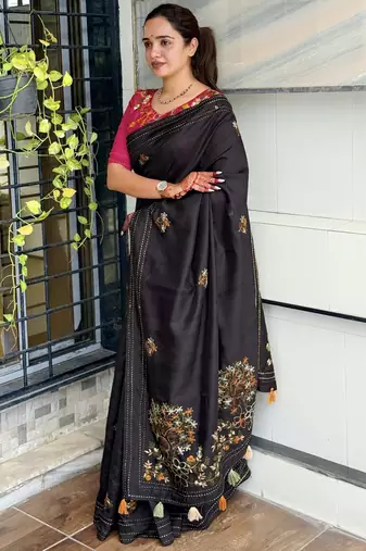 Black kashmiri style thread embroidered work saree with unstitched blouse