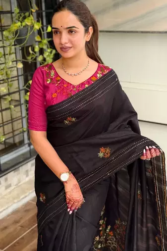 Black kashmiri style thread embroidered work saree with unstitched blouse