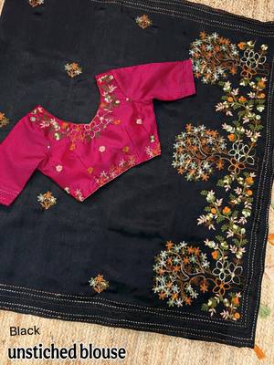 Black kashmiri style thread embroidered work saree with unstitched blouse 5