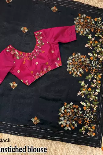 Black kashmiri style thread embroidered work saree with unstitched blouse