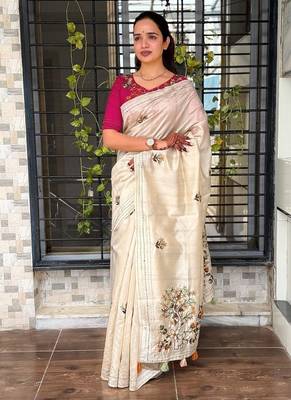 Cream kashmiri style thread embroidered work saree with unstitched blouse 1