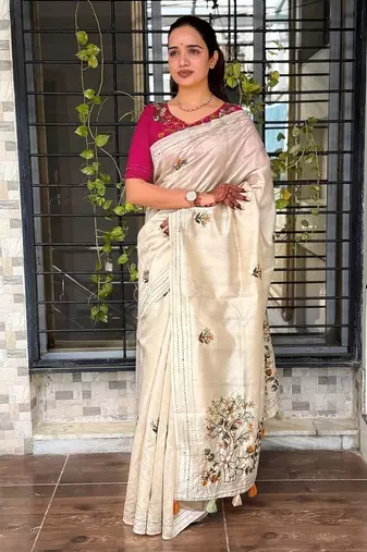 Cream kashmiri style thread embroidered work saree with unstitched blouse