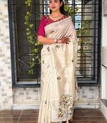 Cream kashmiri style thread embroidered work saree with unstitched blouse