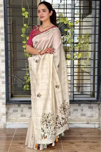 Cream kashmiri style thread embroidered work saree with unstitched blouse