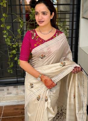 Cream kashmiri style thread embroidered work saree with unstitched blouse 4