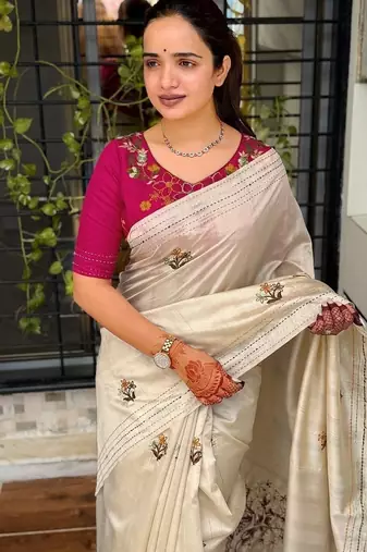 Cream kashmiri style thread embroidered work saree with unstitched blouse