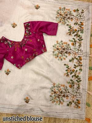Cream kashmiri style thread embroidered work saree with unstitched blouse 5