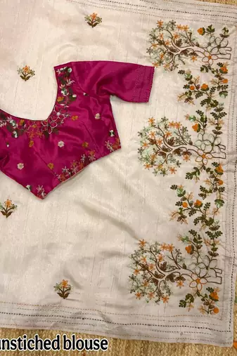 Cream kashmiri style thread embroidered work saree with unstitched blouse