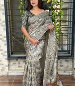 Grey kashmiri style digital printed saree with unstitched blouse