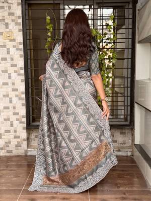 Grey kashmiri style digital printed saree with unstitched blouse 2