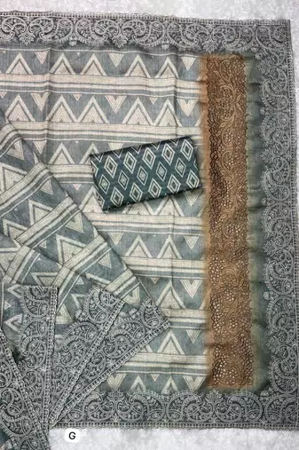 Grey kashmiri style digital printed saree with unstitched blouse