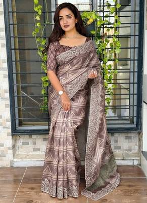 Brown kashmiri style digital printed saree with unstitched blouse 1