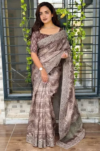Brown kashmiri style digital printed saree with unstitched blouse