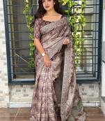 Brown kashmiri style digital printed saree with unstitched blouse
