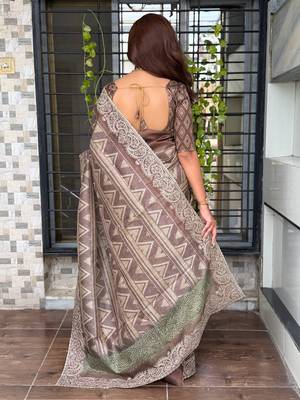 Brown kashmiri style digital printed saree with unstitched blouse 2