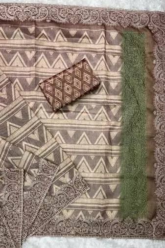 Brown kashmiri style digital printed saree with unstitched blouse