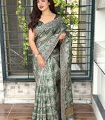 Green kashmiri style digital printed saree with unstitched blouse