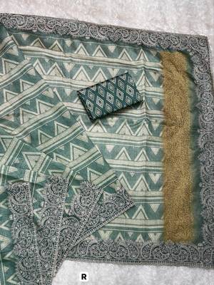 Green kashmiri style digital printed saree with unstitched blouse 5