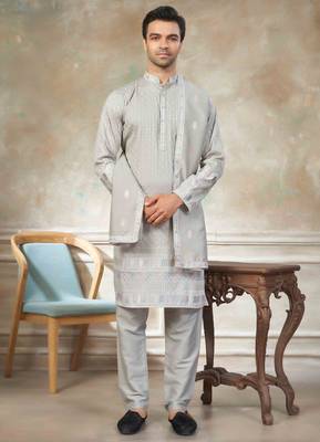 Grey pure silk with embroidery work kurta pajama with dupatta menswear collection 1