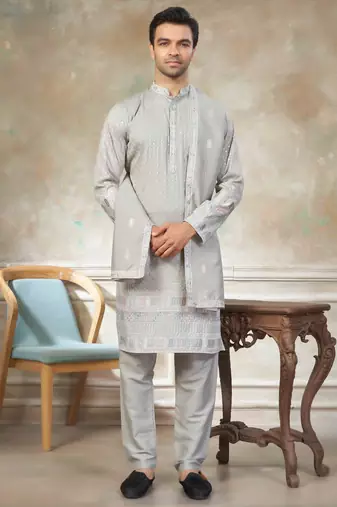 Grey pure silk with embroidery work kurta pajama with dupatta menswear collection
