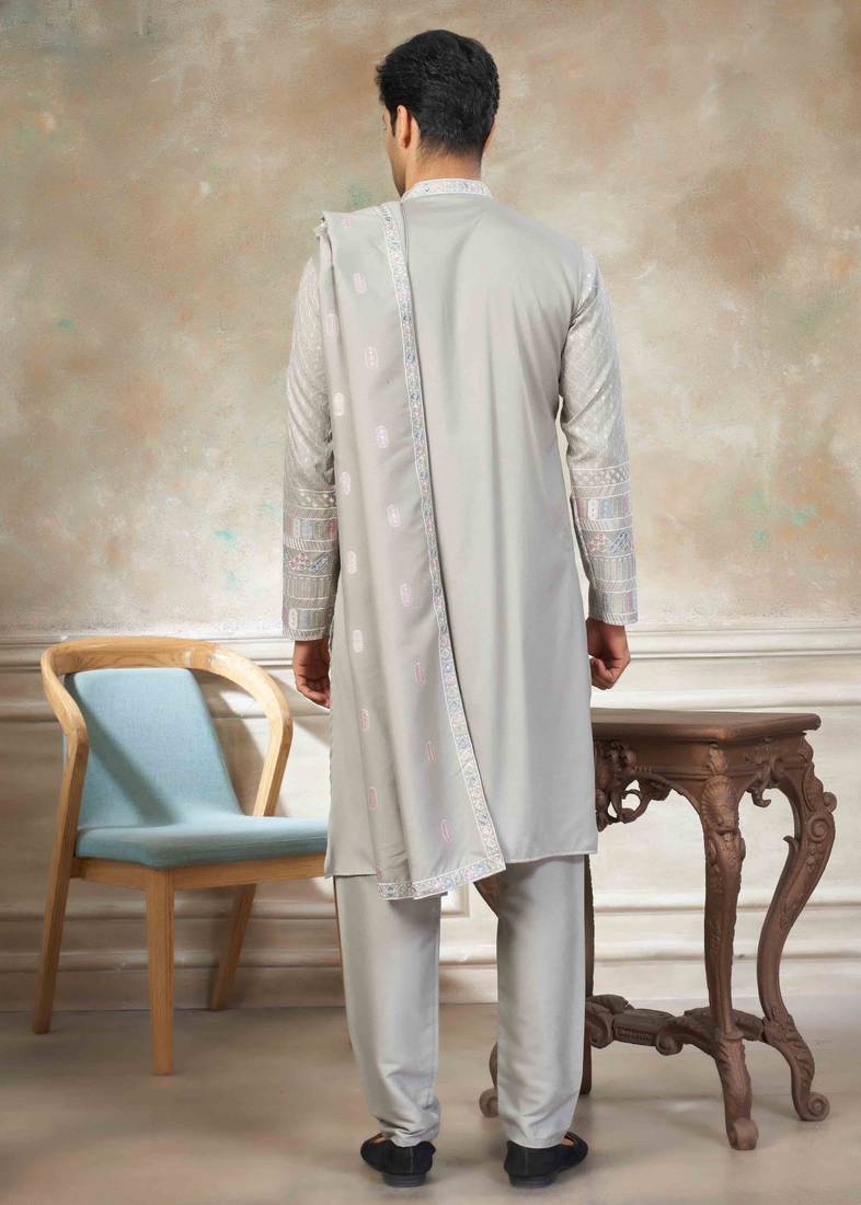 Grey pure silk with embroidery work kurta pajama with dupatta menswear collection