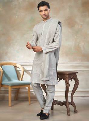 Grey pure silk with embroidery work kurta pajama with dupatta menswear collection 3