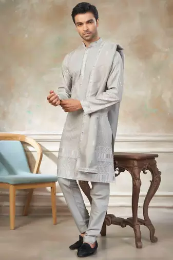 Grey pure silk with embroidery work kurta pajama with dupatta menswear collection
