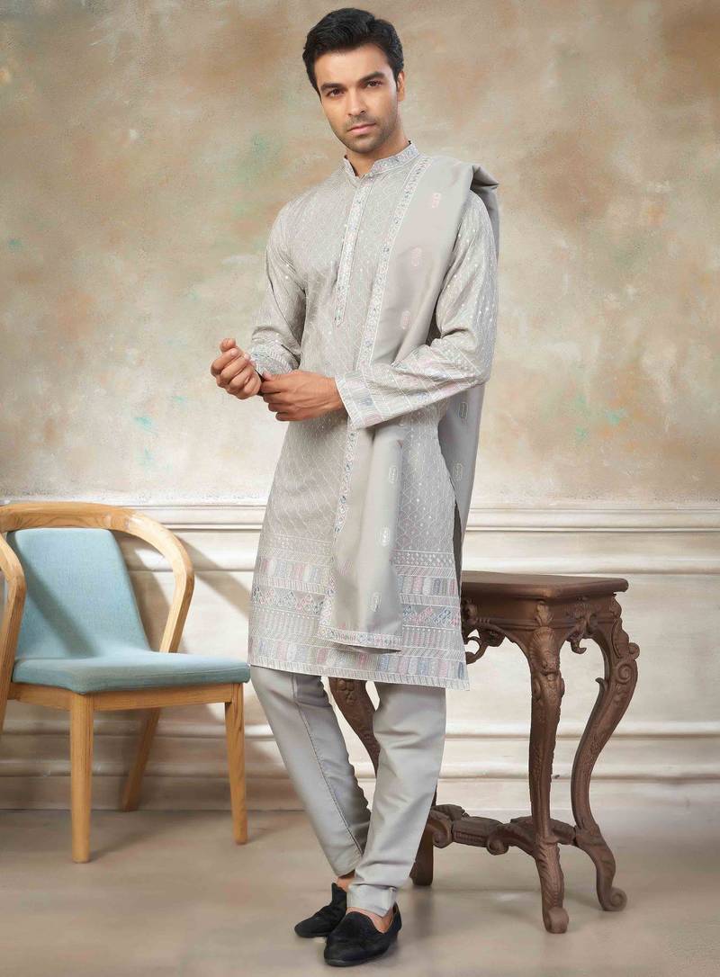 Grey pure silk with embroidery work kurta pajama with dupatta menswear collection